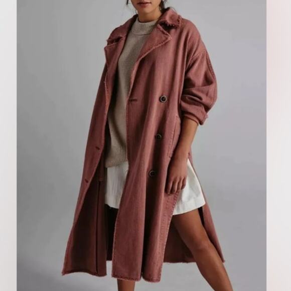 Free People Trench Coat Cherry Chai Jacket Split Sides Button Tie Waist XS/S NWT - Picture 1 of 9